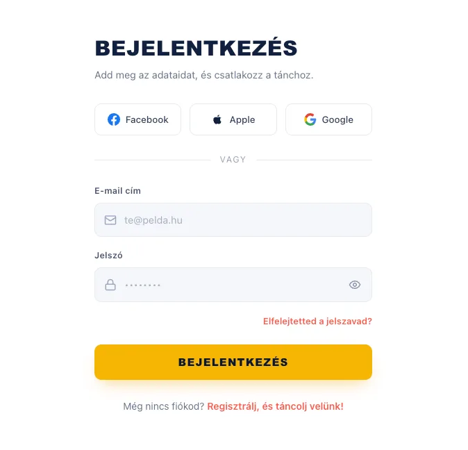 A bejelentkező képernyő a Facebook, Apple és Google gombokkal, alatta az e-mail és jelszó mezővel