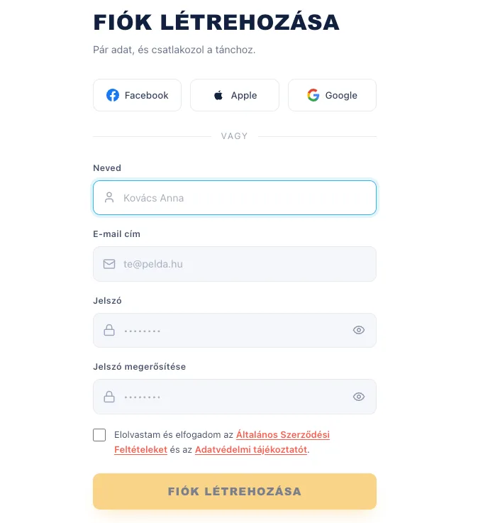 A regisztrációs űrlap a név, e-mail cím és jelszó mezőkkel, valamint az elfogadó jelölőnégyzettel