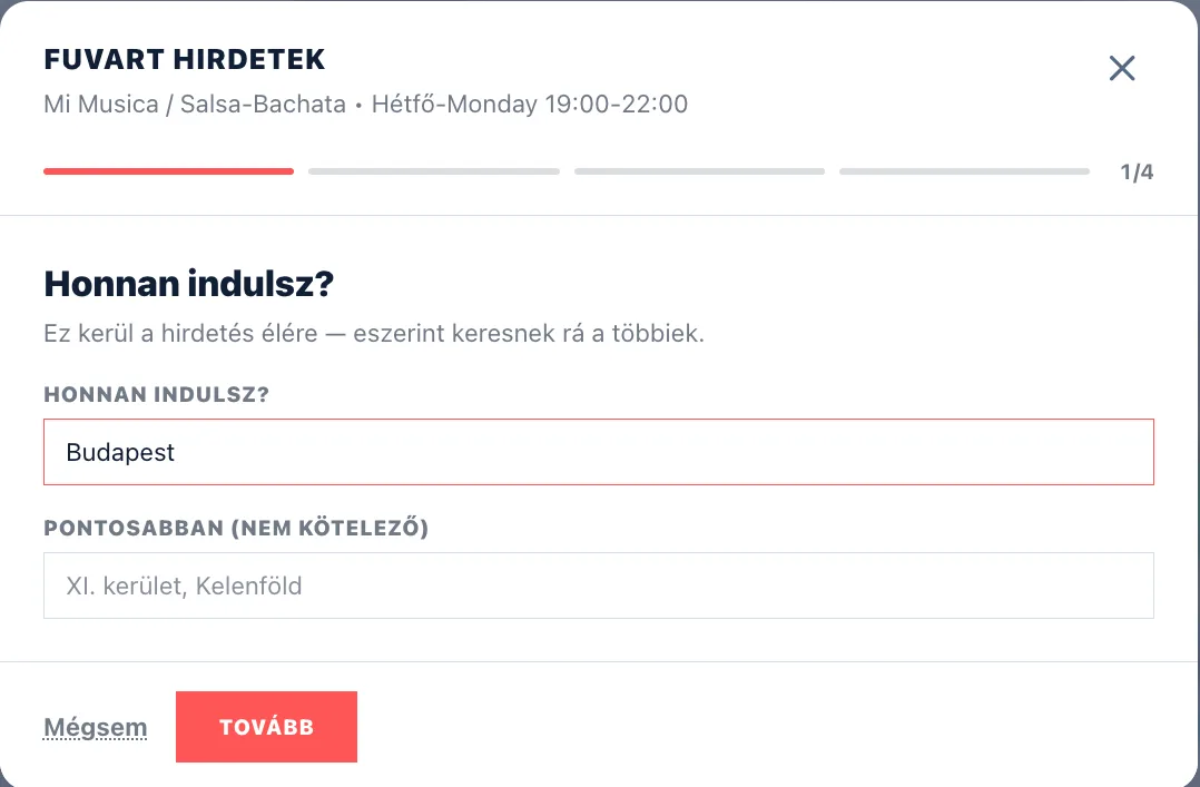 A fuvar-hirdetés ablaka az első lépésnél: lépésjelző, „Honnan indulsz?" mező és a Tovább gomb