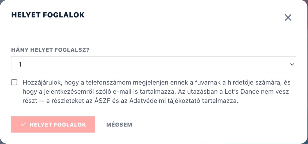 A Helyet foglalok ablak: „Hány helyet foglalsz?" választó és a hozzájárulás pipája