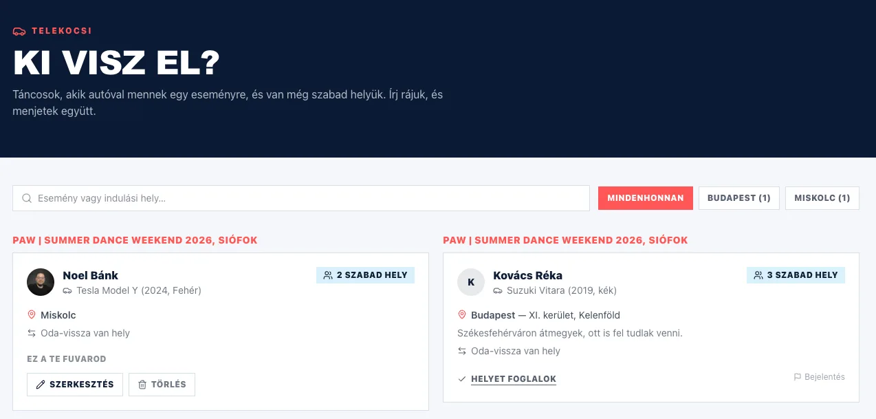 A Telekocsi oldal: kereső, indulási város szerinti szűrő-gombok és a fuvar-kártyák esemény szerint csoportosítva