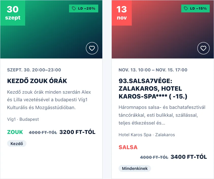 Két eseménykártya: mindkettő borítójának jobb felső sarkában zöld LD címke a kedvezmény mértékével, lentebb az áthúzott eredeti ár és mellette a kedvezményes összeg