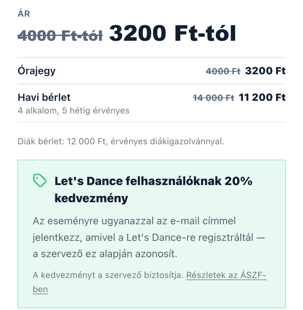 Az esemény adatlapjának ár-doboza: felül az áthúzott ár a kedvezményessel, alatta a jegytípusok szintén áthúzott és csökkentett árral, legalul a kedvezmény zöld doboza
