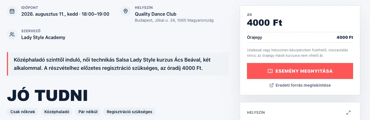 Az adatlap adatai: időpont, helyszín, szervező, mellette az árdoboz az óradíjjal, alattuk a Jó tudni blokk Csak nőknek, Középhaladó, Pár nélkül és Regisztráció szükséges címkékkel