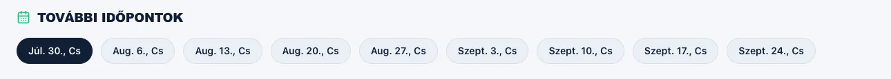 A További időpontok dátumsor: az aktuális alkalom kiemelve, mellette a sorozat többi dátuma