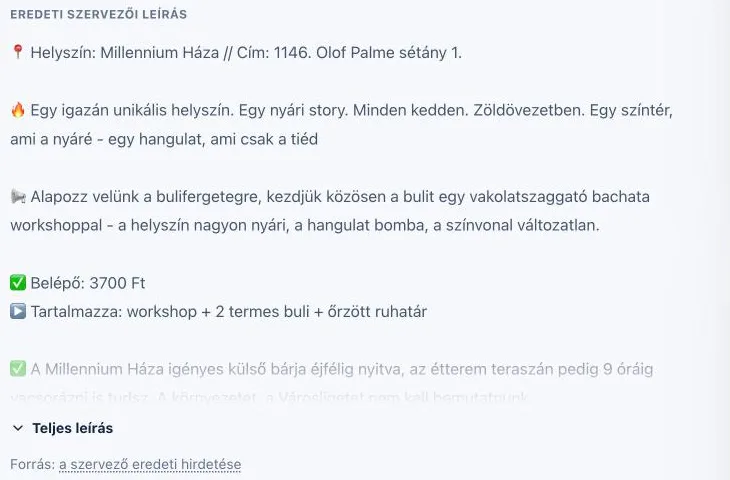 Az Eredeti szervezői leírás blokk: a szervező szövege levágva, alatta a Teljes leírás gomb és a Forrás hivatkozás