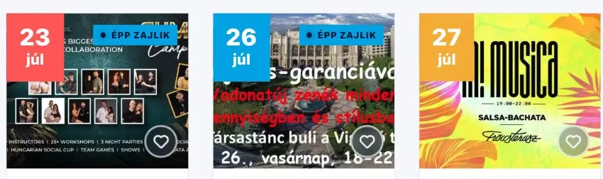 Három eseménykártya borítóképe, mindegyik jobb alsó sarkában a szív alakú kedvenc gombbal