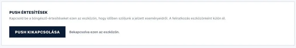 A Push értesítések kártya: a bekapcsoló gomb, mellette a Bekapcsolva ezen az eszközön állapotfelirat