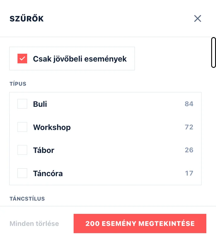 A szűrőpanel a Csak jövőbeli események kapcsolóval és a Típus csoporttal, ahol minden opció mellett szám áll