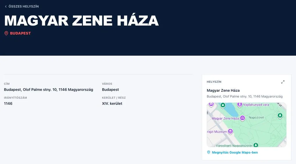 Egy helyszín adatlapjának teteje: a hely neve, a városa, a cím, az irányítószám és a kerület adatai, mellette a térképkártya a Megnyitás Google Maps-ben linkkel
