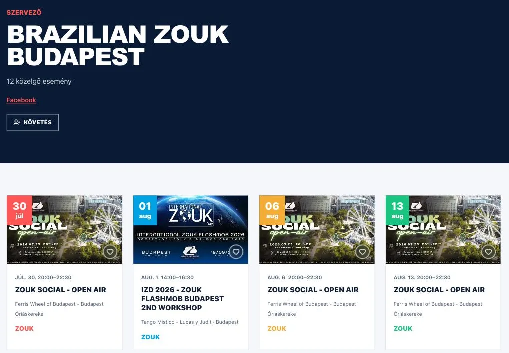 Egy szervező oldalának teteje: a Szervező felirat, a szervező neve, a közelgő eseményeinek száma, a Facebook link és a Követés gomb, alatta az eseménykártyák rácsa