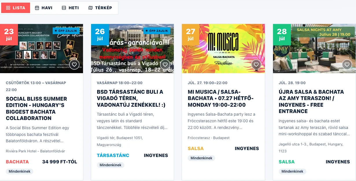 A Lista nézet négy eseménykártyája egymás mellett, mindegyiken a dátum, a borítókép, a cím, a helyszín és a táncstílus