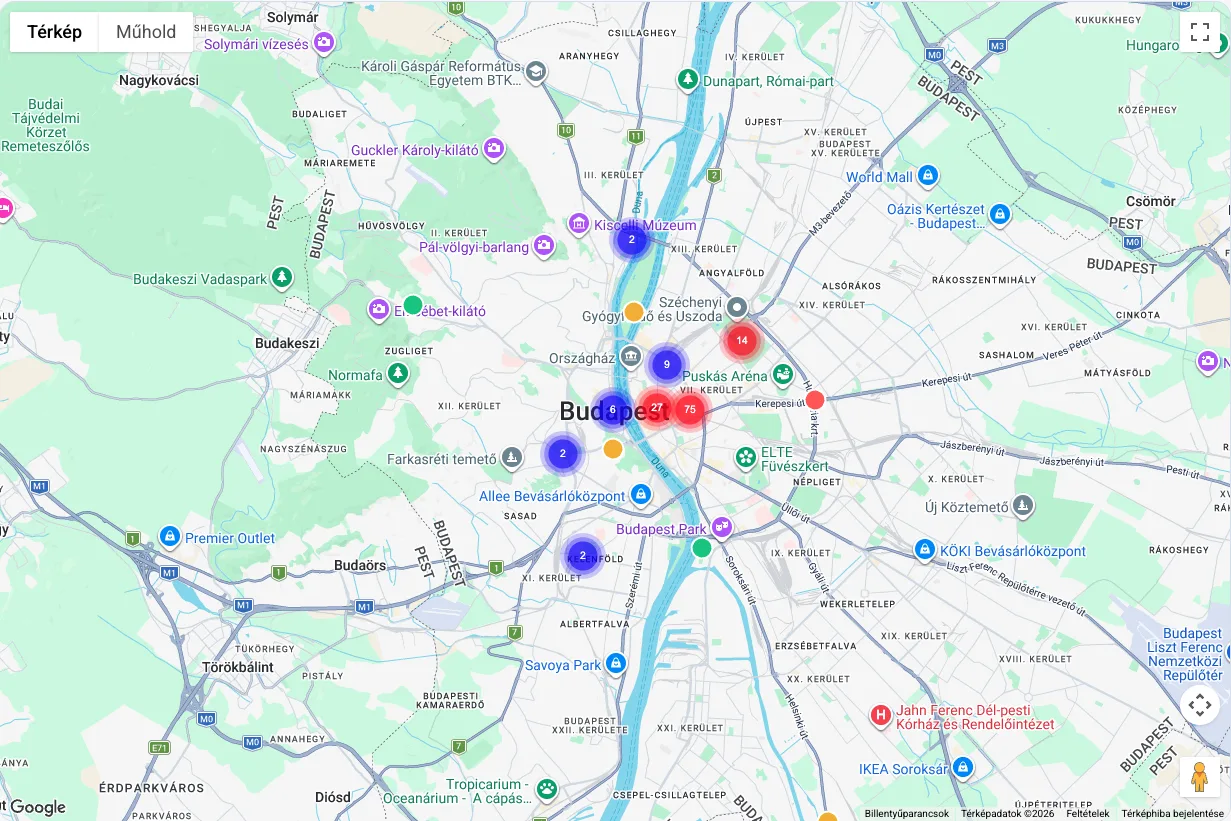 A Térkép nézet Budapestre nagyítva: egyedi jelölők és számozott csoportok mutatják, hol hány esemény van
