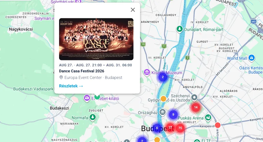 A térképen egy jelölőre kattintva felugró kártya: borítókép, időpont, az esemény címe, a helyszín és a Részletek link